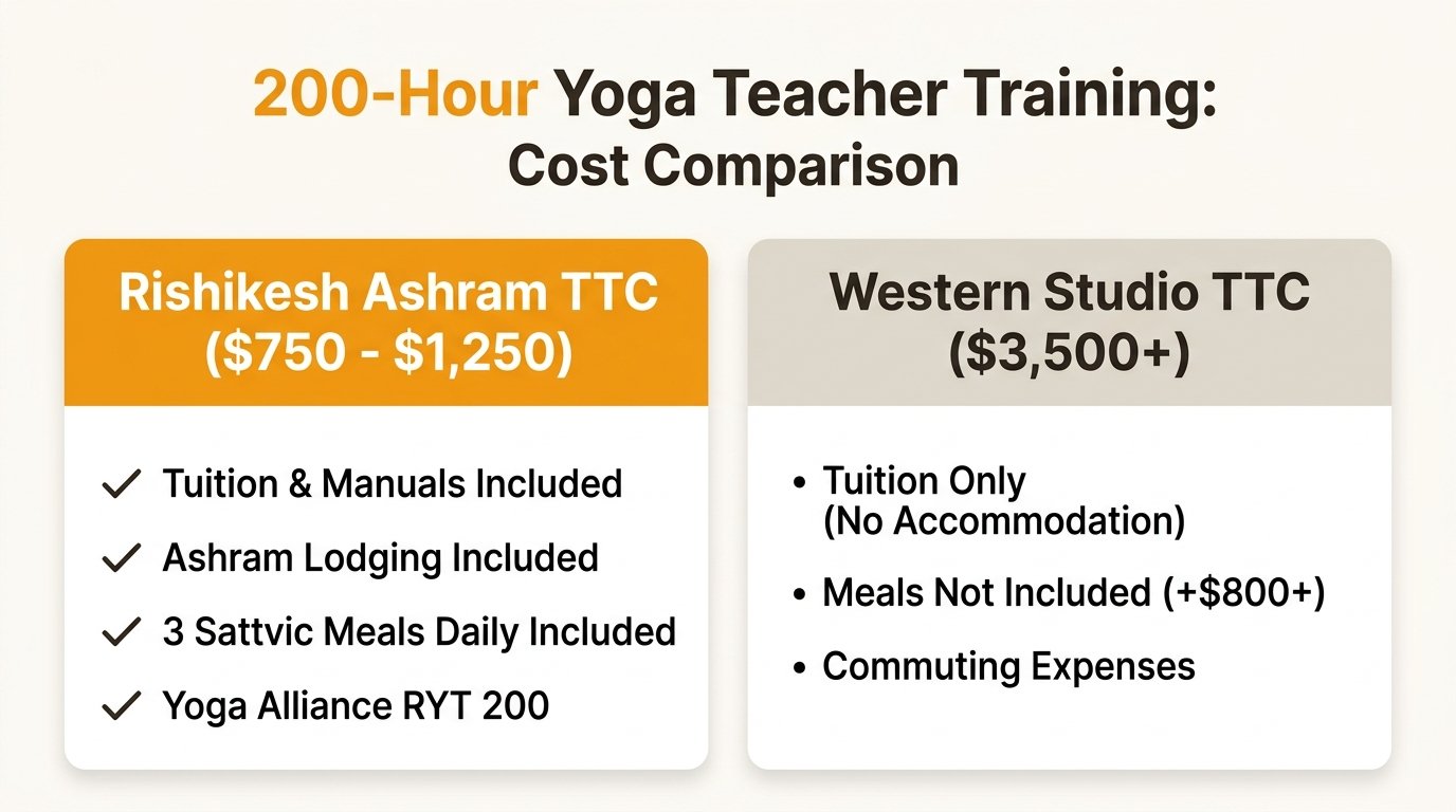 200-Hour Yoga Teacher Training Cost Comparison Rishikesh vs Western Studio Infographic