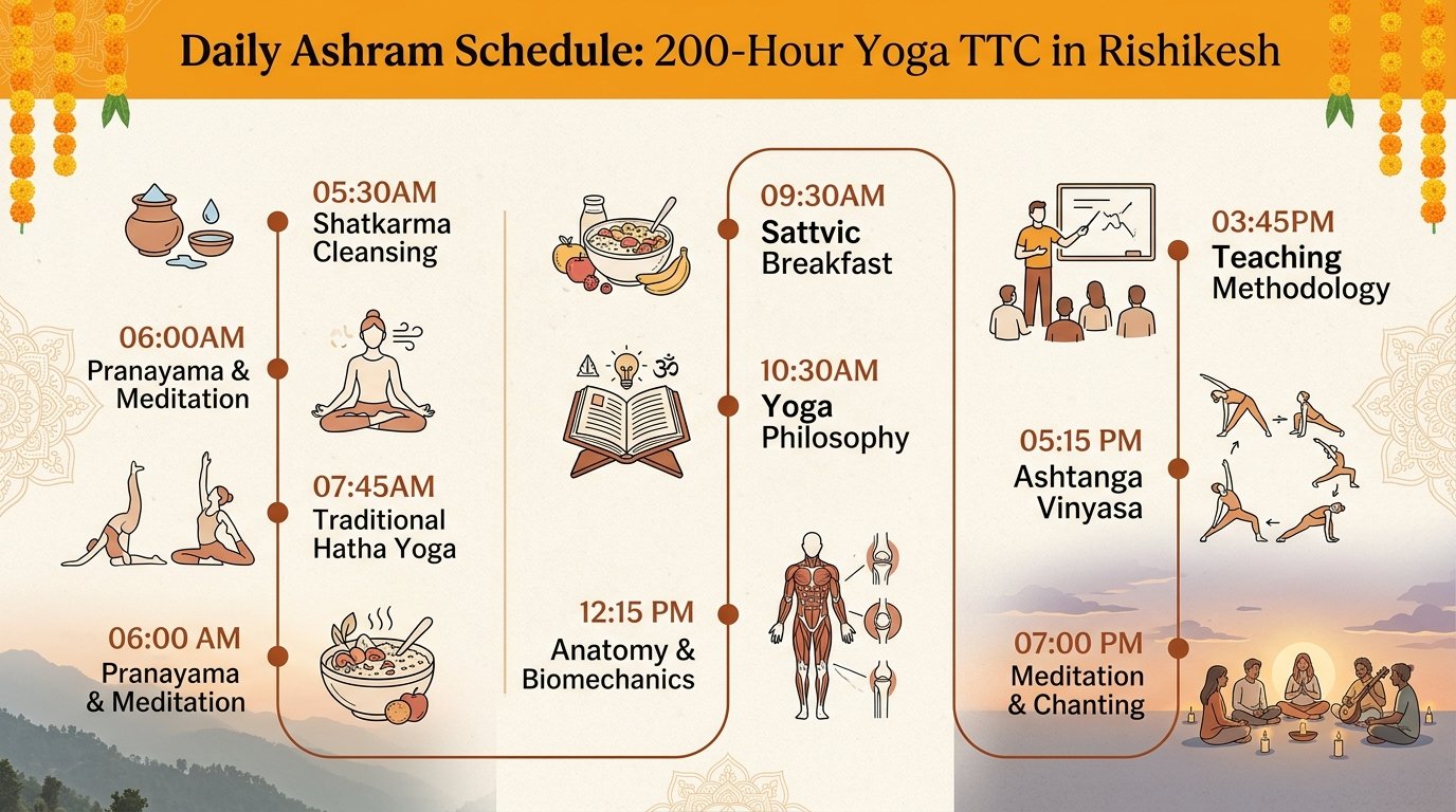 Daily Ashram Schedule 200-Hour Yoga TTC in Rishikesh Timeline Infographic