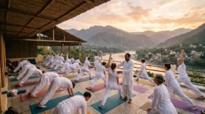 What to expect in yoga teacher training: students in Warrior pose on a rooftop shala in Rishikesh at golden hour