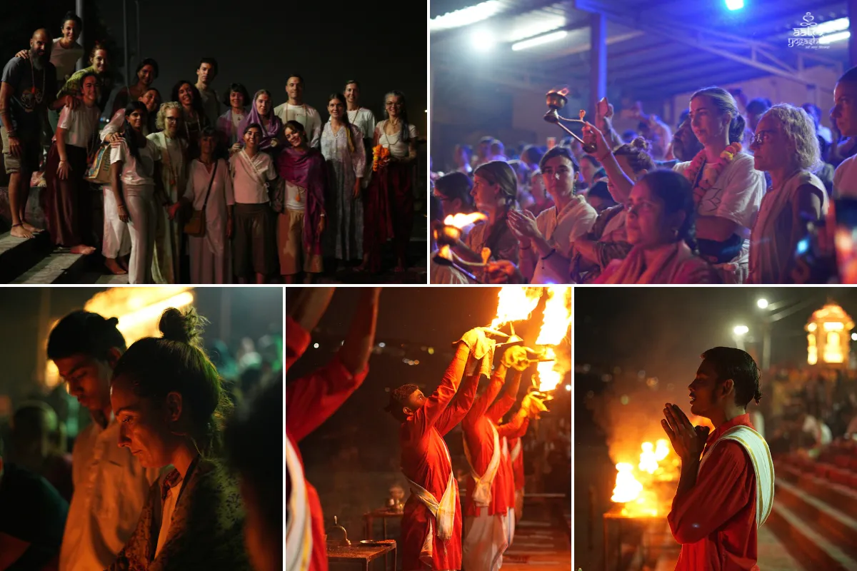Spiritual evening meditation and sacred ceremony during 10 days yoga and meditation retreat in Rishikesh, Uttarakhand, India