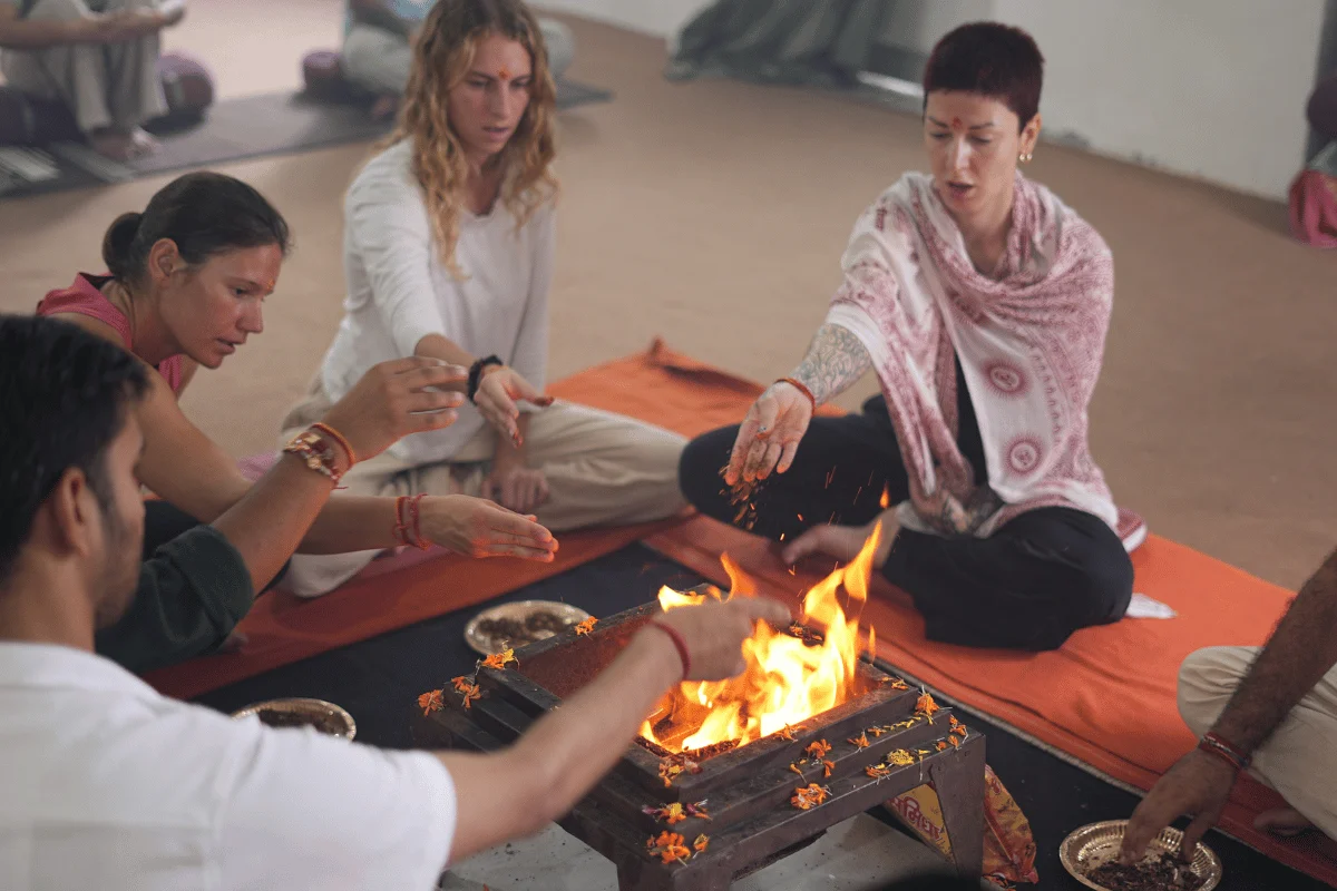 Vedic Hawan fire ceremony welcome ritual for 200 Hour Yoga Teacher Training students in Rishikesh