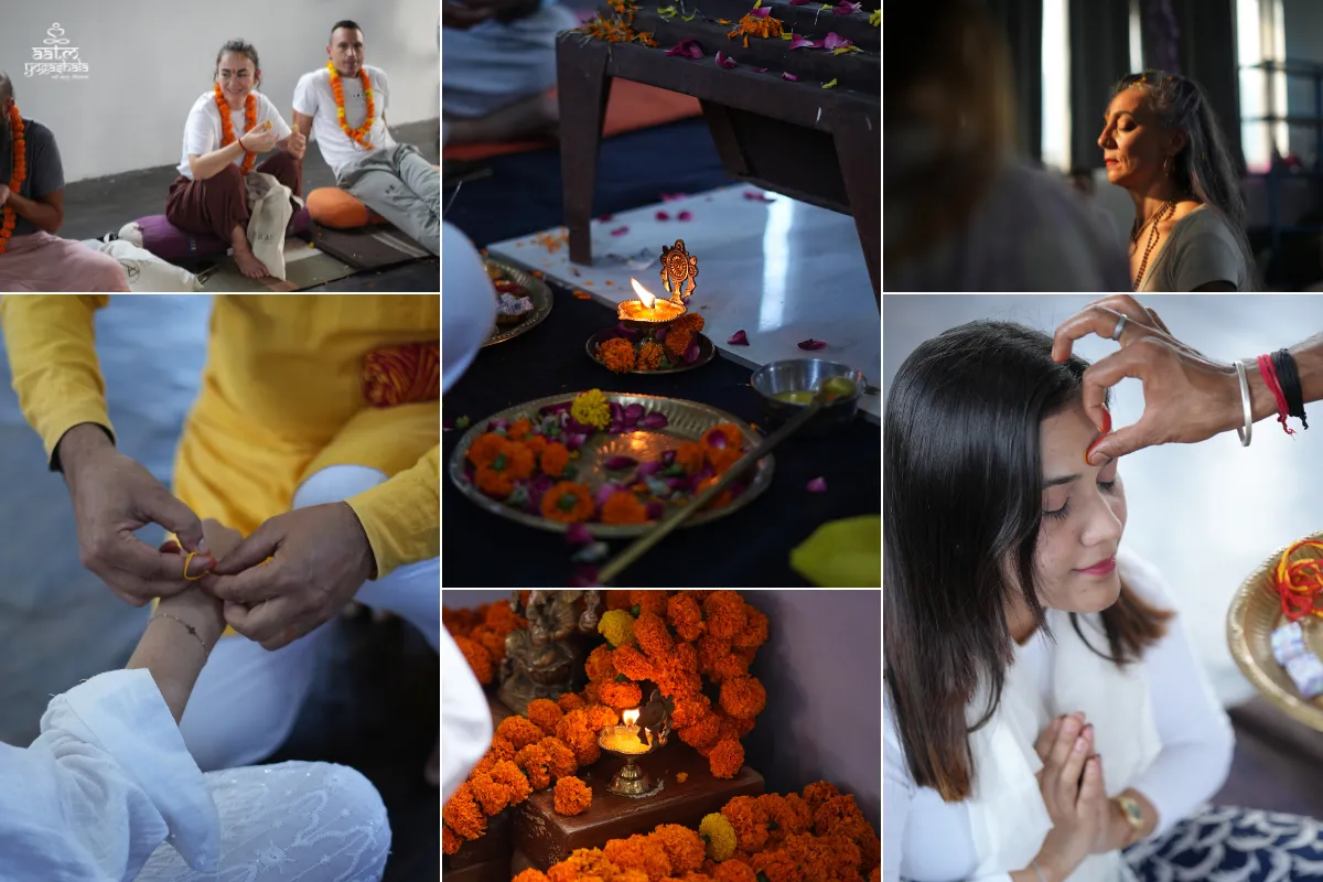 Vedic Hawan fire ceremony, tilak, and traditional puja rituals during 300 Hour Yoga Teacher Training opening ceremony at Aatm Yogashala Rishikesh