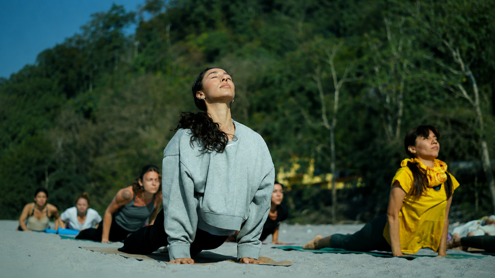 Students practicing yoga during a 7 Day Himalayan Yoga Retreat and Meditation program in Rishikesh, India