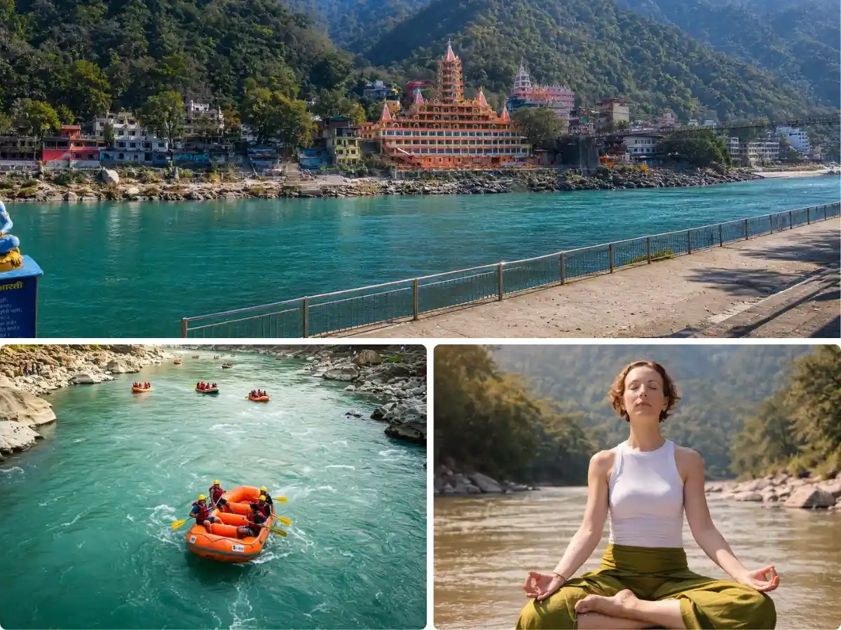 Rishikesh Ganga river view with Himalayas, yoga meditation and river rafting adventure