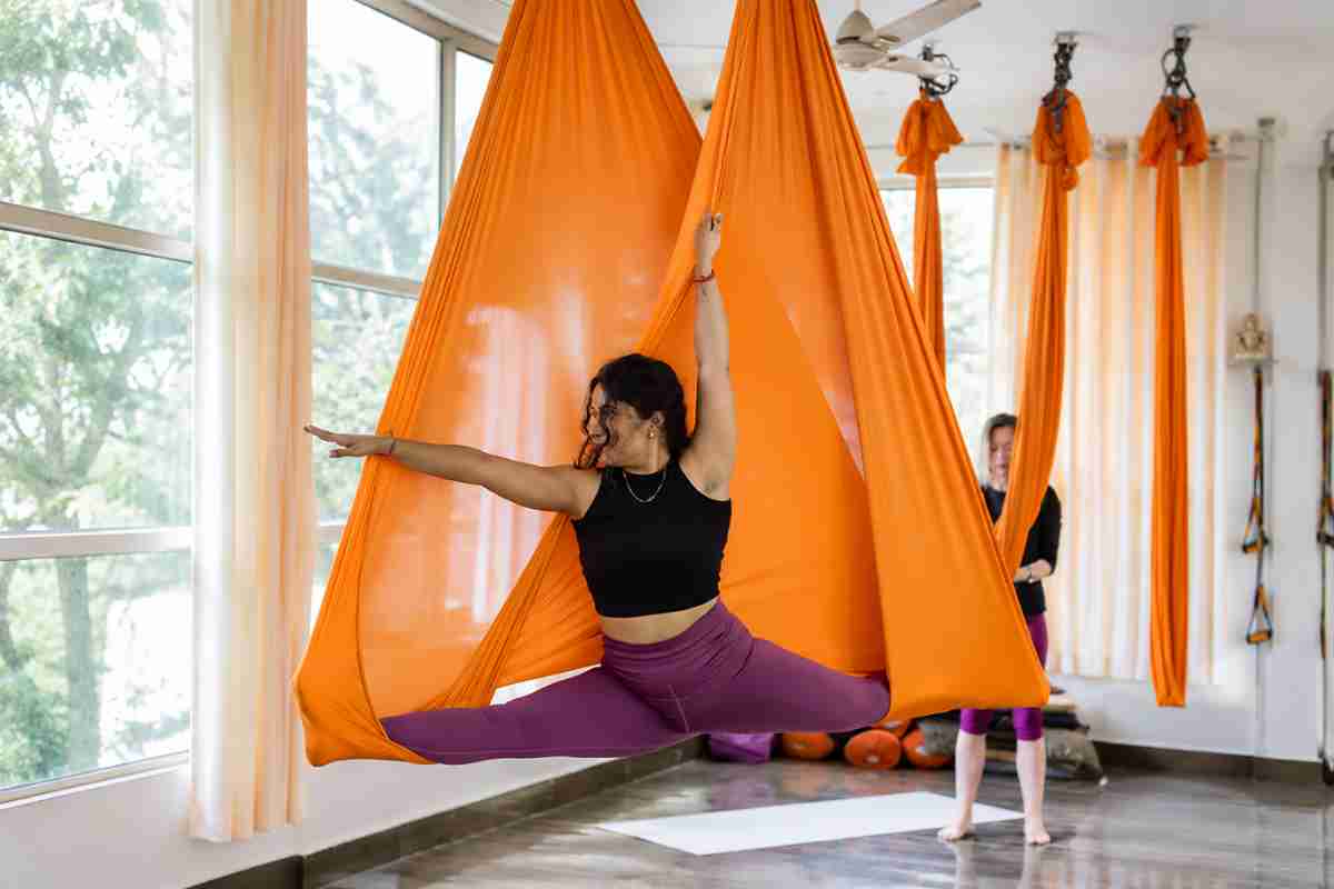 Aerial yoga hammock training class in Rishikesh India