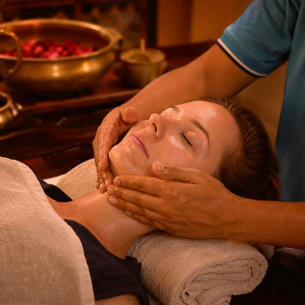 Traditional Ayurvedic face massage therapy session in Rishikesh India