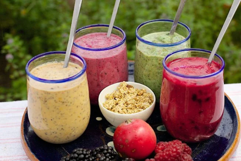 fresh fruit smoothie bowls with granola at Aatm Yogashala Bali yoga retreat