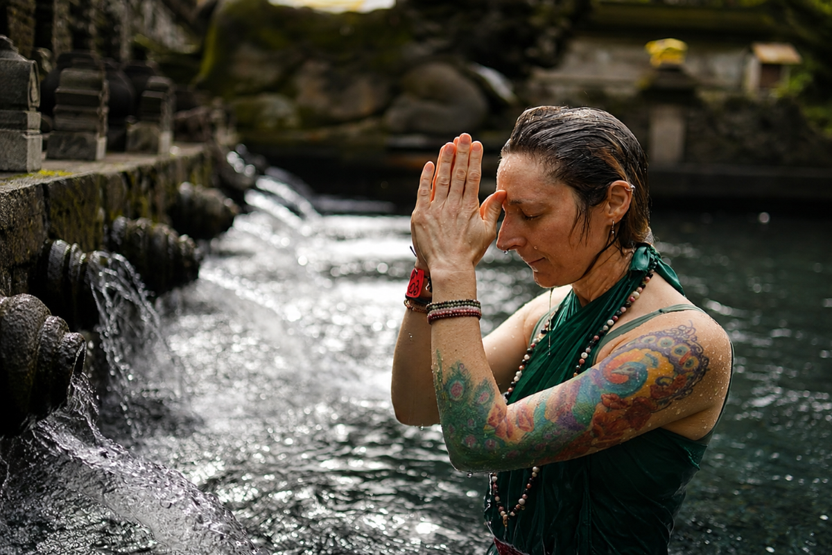 Temple water purification practice during yoga teacher training in Bali