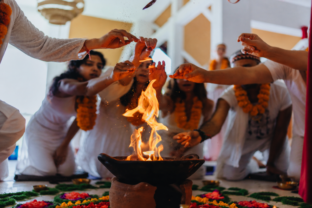Traditional fire havan ceremony during the 100 Hour Yoga Teacher Training in Bali