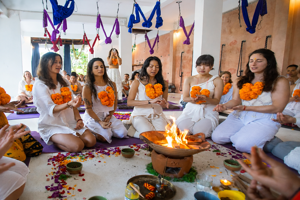 Yoga philosophy and fire ritual class during the 100 Hour Yoga Teacher Training in Bali