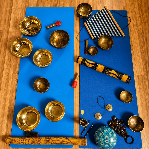 Tibetan singing bowls and sound healing instruments used in Rishikesh training course