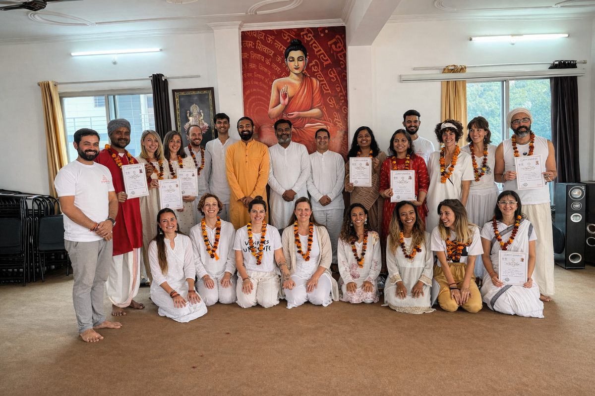 Aatm Yog Shala Kundalini Yoga students practicing in Rishikesh India