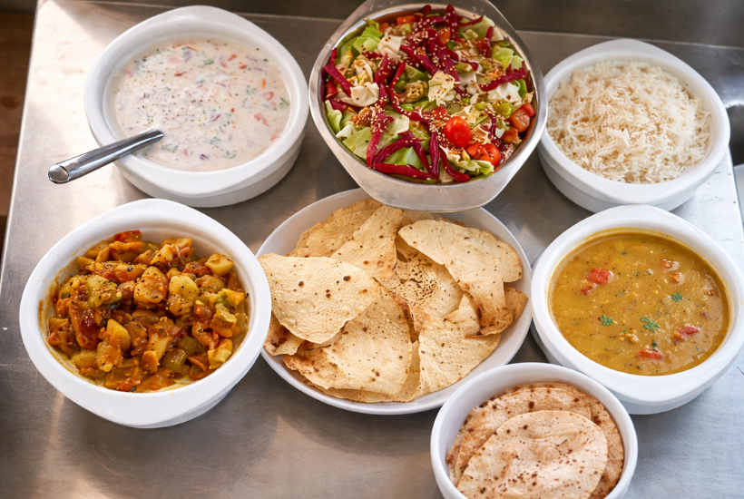 fresh yoga retreat food Rishikesh sattvic thali balanced yogic meal India