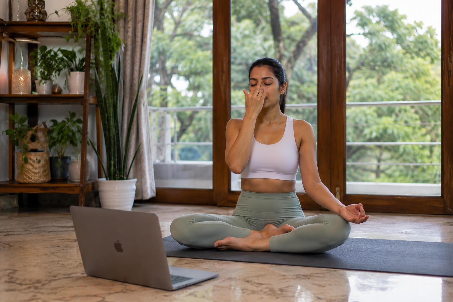Students attending a live online yoga class from home